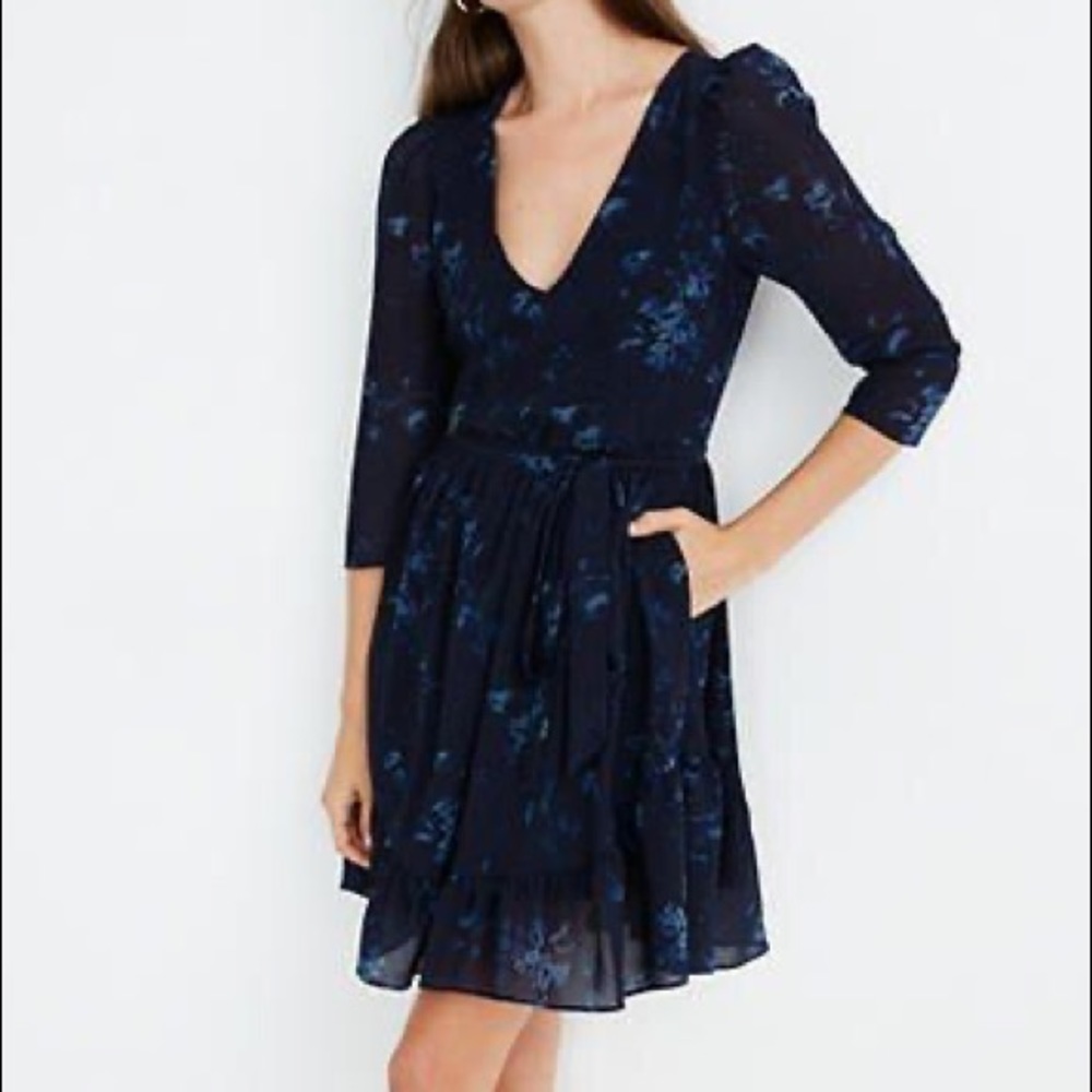 NWT Madewell Sheer-Sleeve V-Neck Mini Dress in Tonal Botanical
